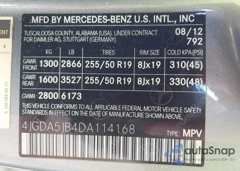 2013 Mercedes-Benz Ml 350 из США, поврежденный, VIN 4JGDA5JB4DA114168